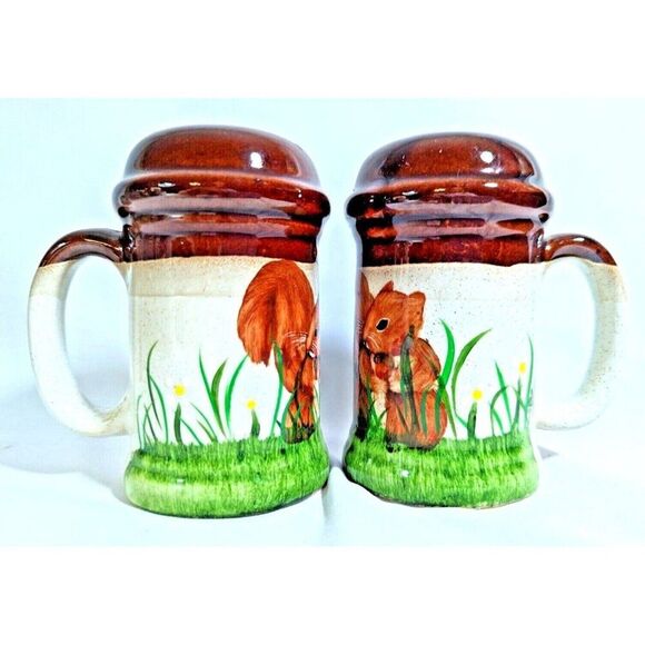 Squirrel with Acorn Salt Pepper Shakers Hand Painted Pottery 4.25-in Handles - Picture 2 of 4